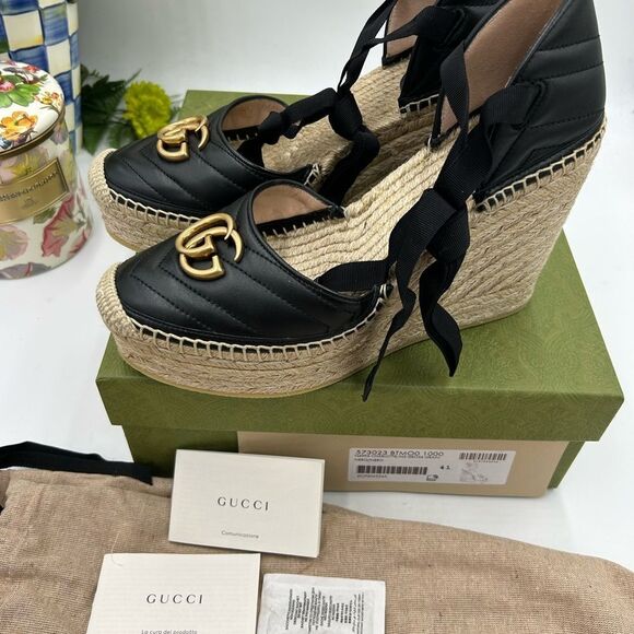 Women's Gucci GG wedge ankle tie  Espadrilles size 41 made in - Picture 8 of 11